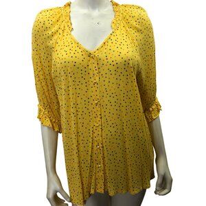 Bobeau Yellow Polka Dot Boho-Chic Button-Up Blouse Ruffle Sleeves Womens L‎ NWT